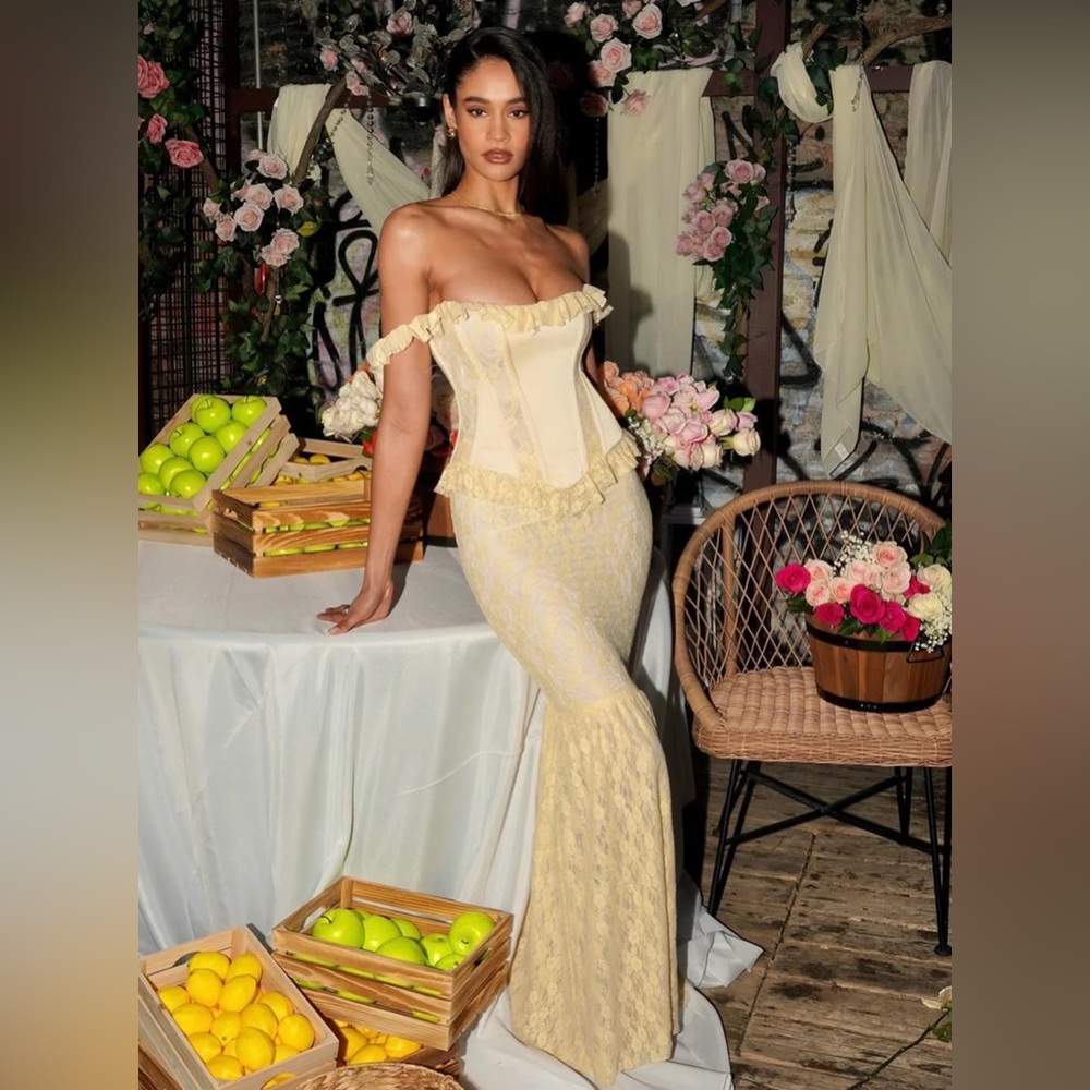Ersilia Pale Yellow Satin Lace Peplum Corset Off Shoulder Maxi Dress